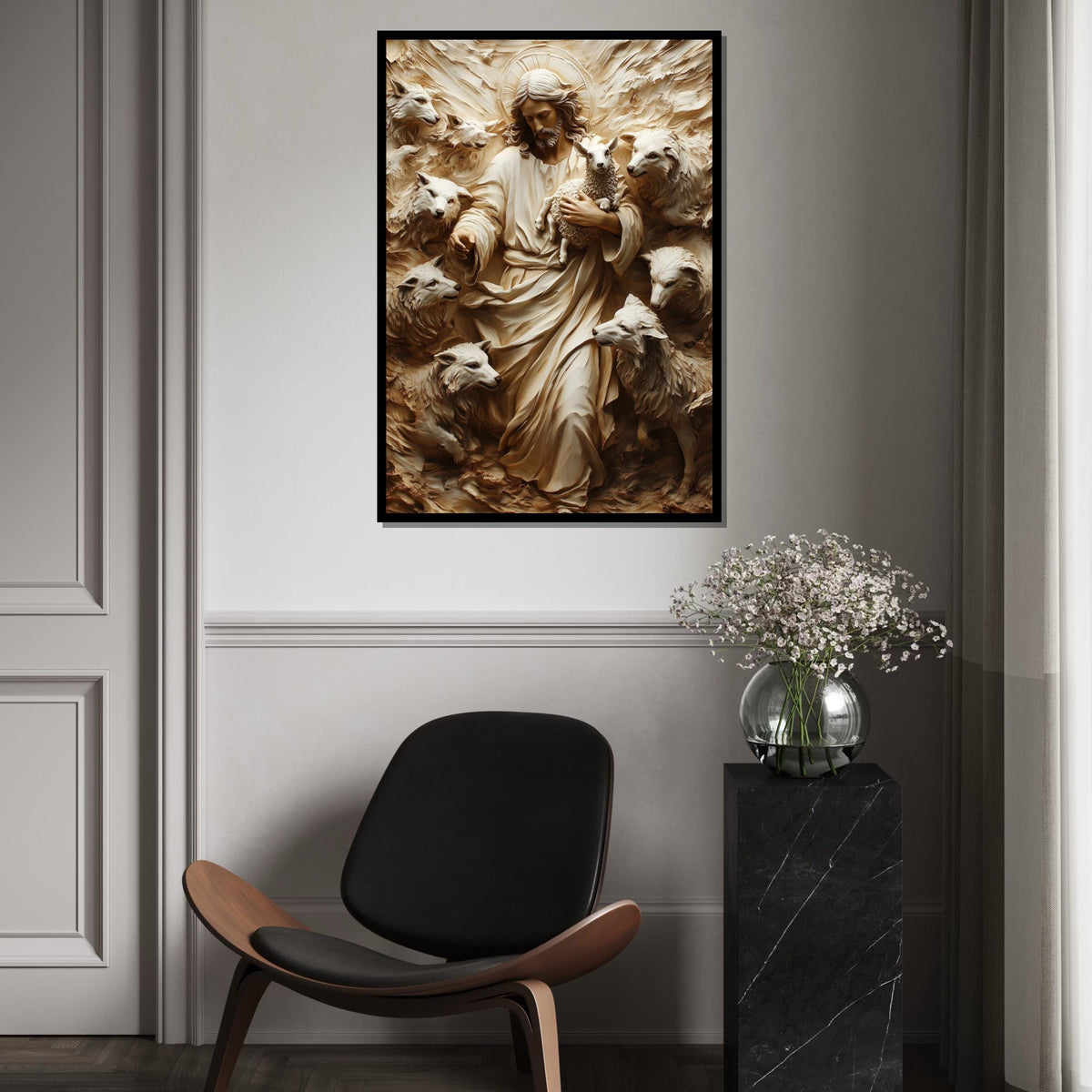 Divine Shepherd Canvas, Jesus with Lamb and Wolves Art, Spiritual Wall Art, Canvas Design, Ready To Hang Religious Decoration