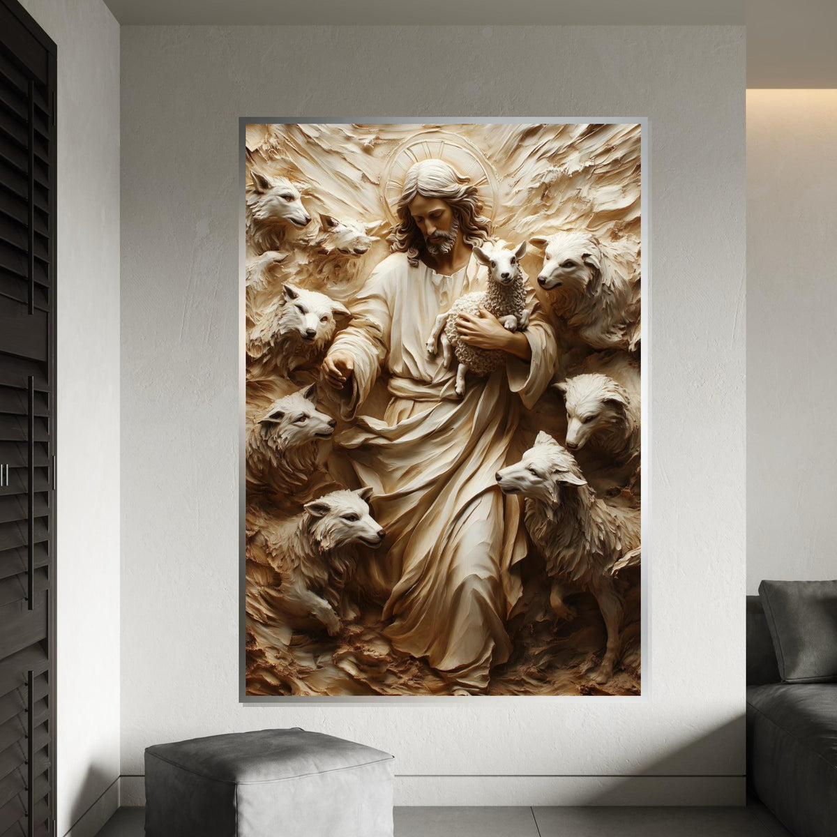 Divine Shepherd Canvas, Jesus with Lamb and Wolves Art, Spiritual Wall Art, Canvas Design, Ready To Hang Religious Decoration