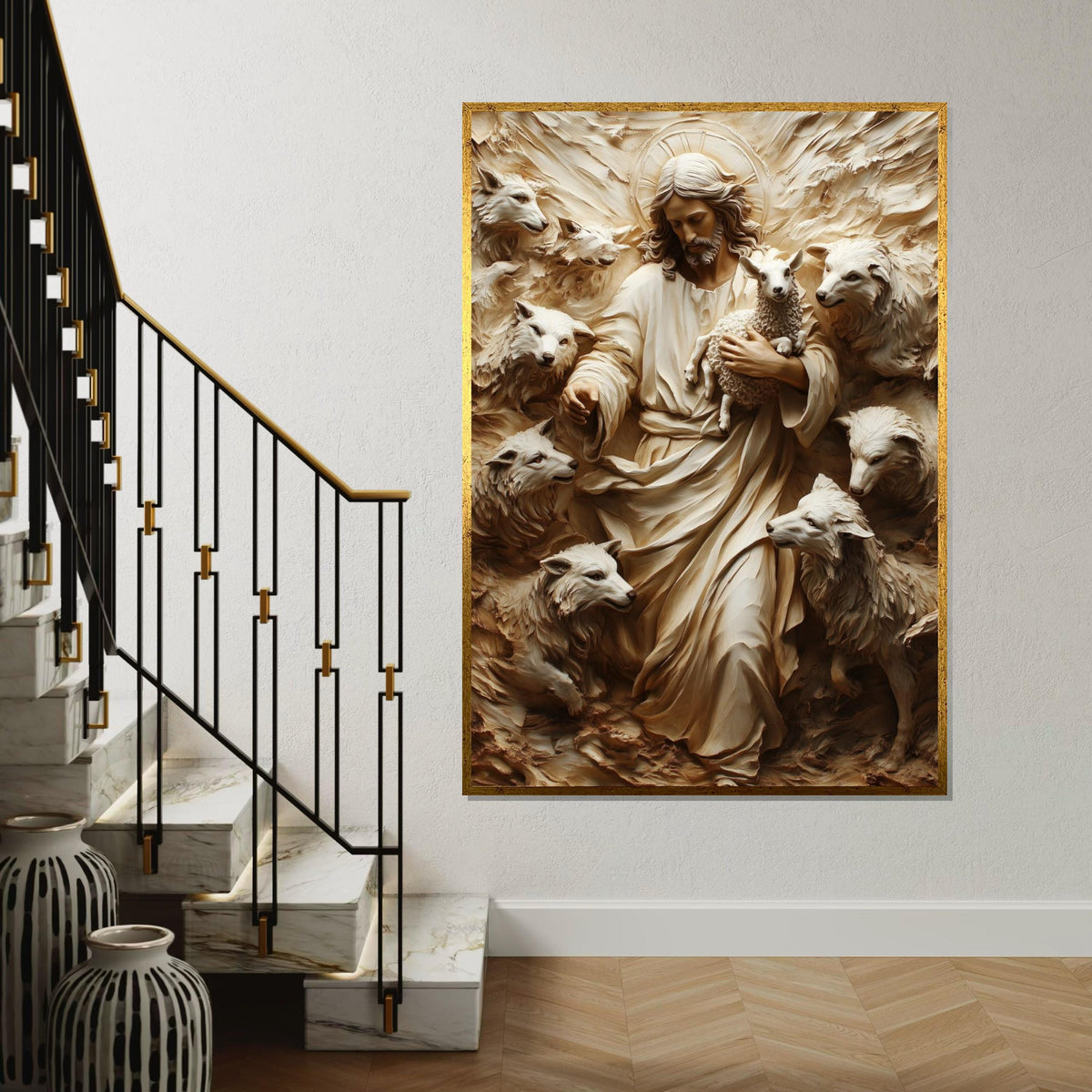 Divine Shepherd Canvas, Jesus with Lamb and Wolves Art, Spiritual Wall Art, Canvas Design, Ready To Hang Religious Decoration