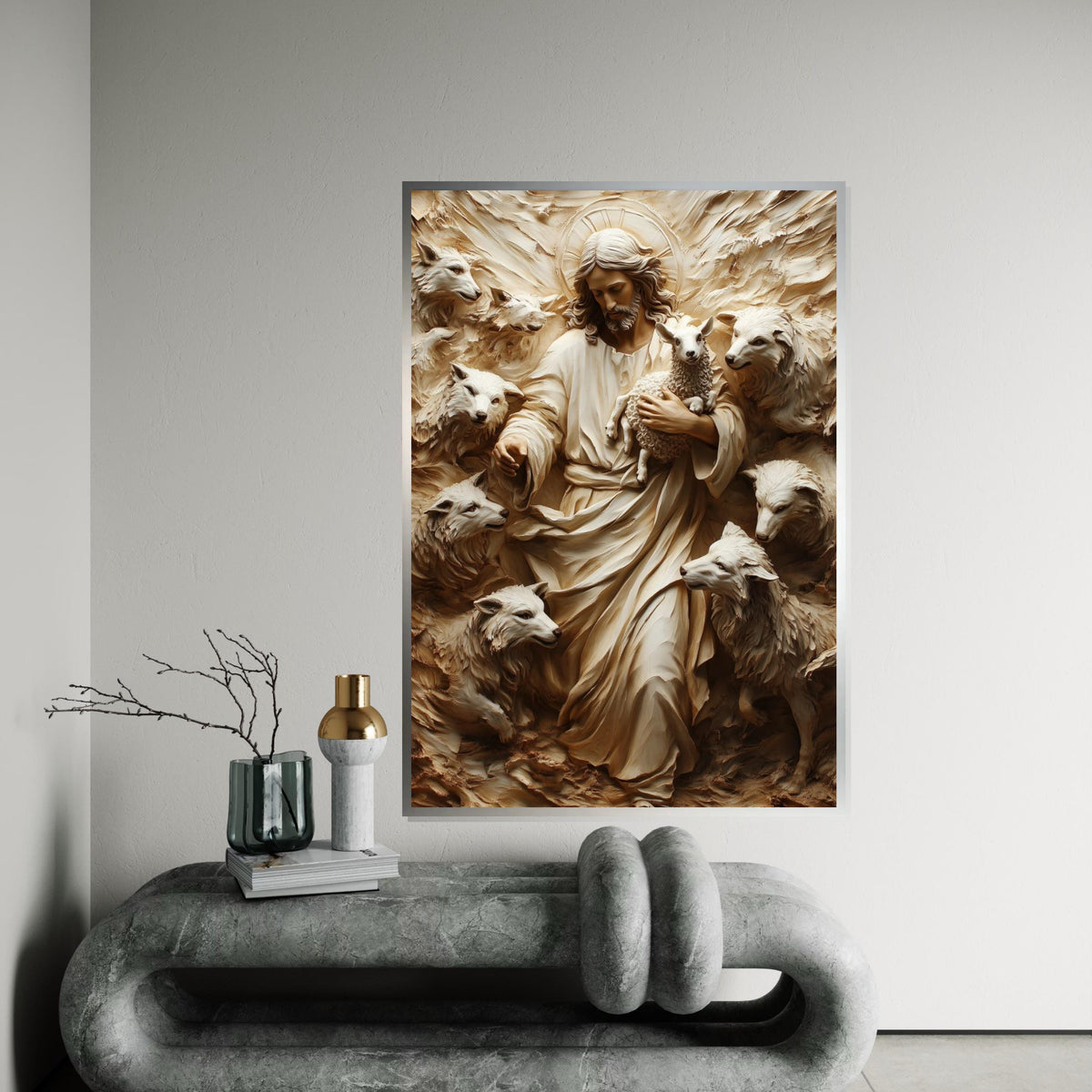 Divine Shepherd Canvas, Jesus with Lamb and Wolves Art, Spiritual Wall Art, Canvas Design, Ready To Hang Religious Decoration