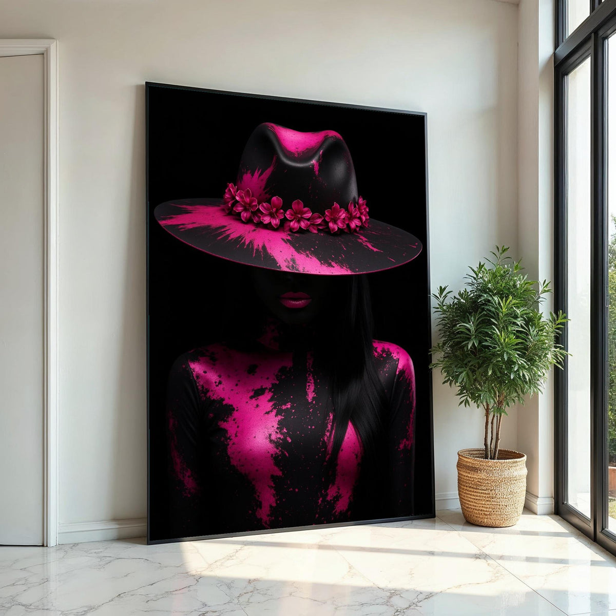 Pink Floral Hat Art, Abstract Canvas, Fashion Canvas Print, Wall Art Design, Ready to Hang, Modern Decor, Color Splash Canvas