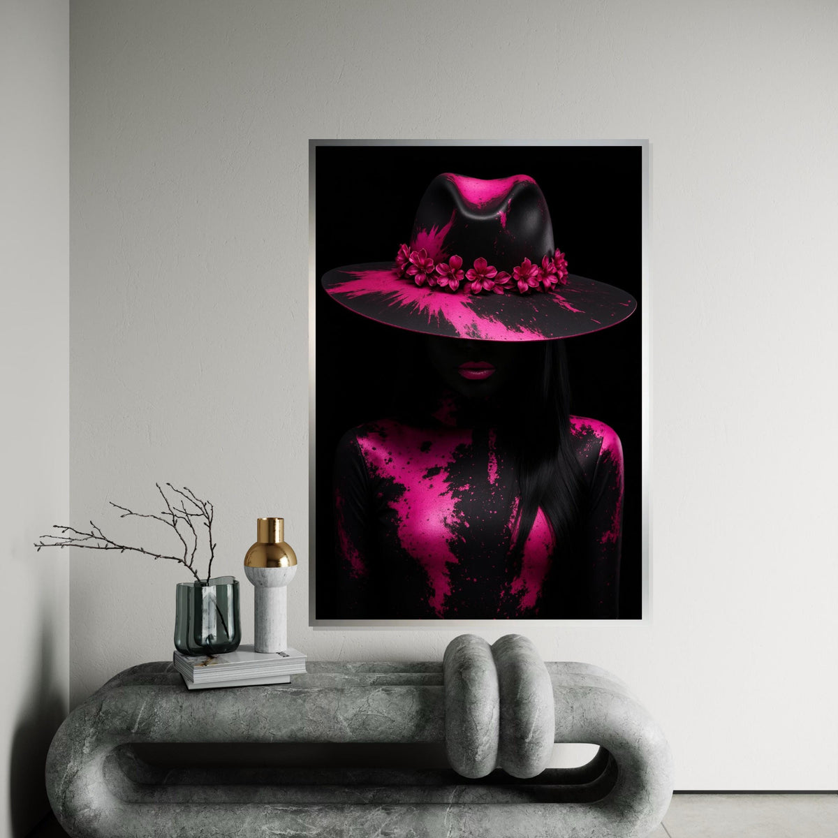 Pink Floral Hat Art, Abstract Canvas, Fashion Canvas Print, Wall Art Design, Ready to Hang, Modern Decor, Color Splash Canvas