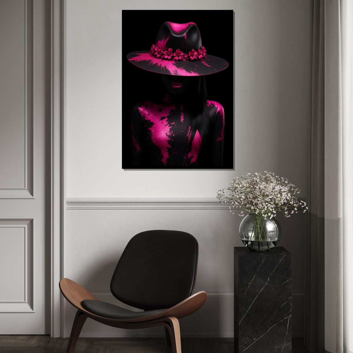 Pink Floral Hat Art, Abstract Canvas, Fashion Canvas Print, Wall Art Design, Ready to Hang, Modern Decor, Color Splash Canvas