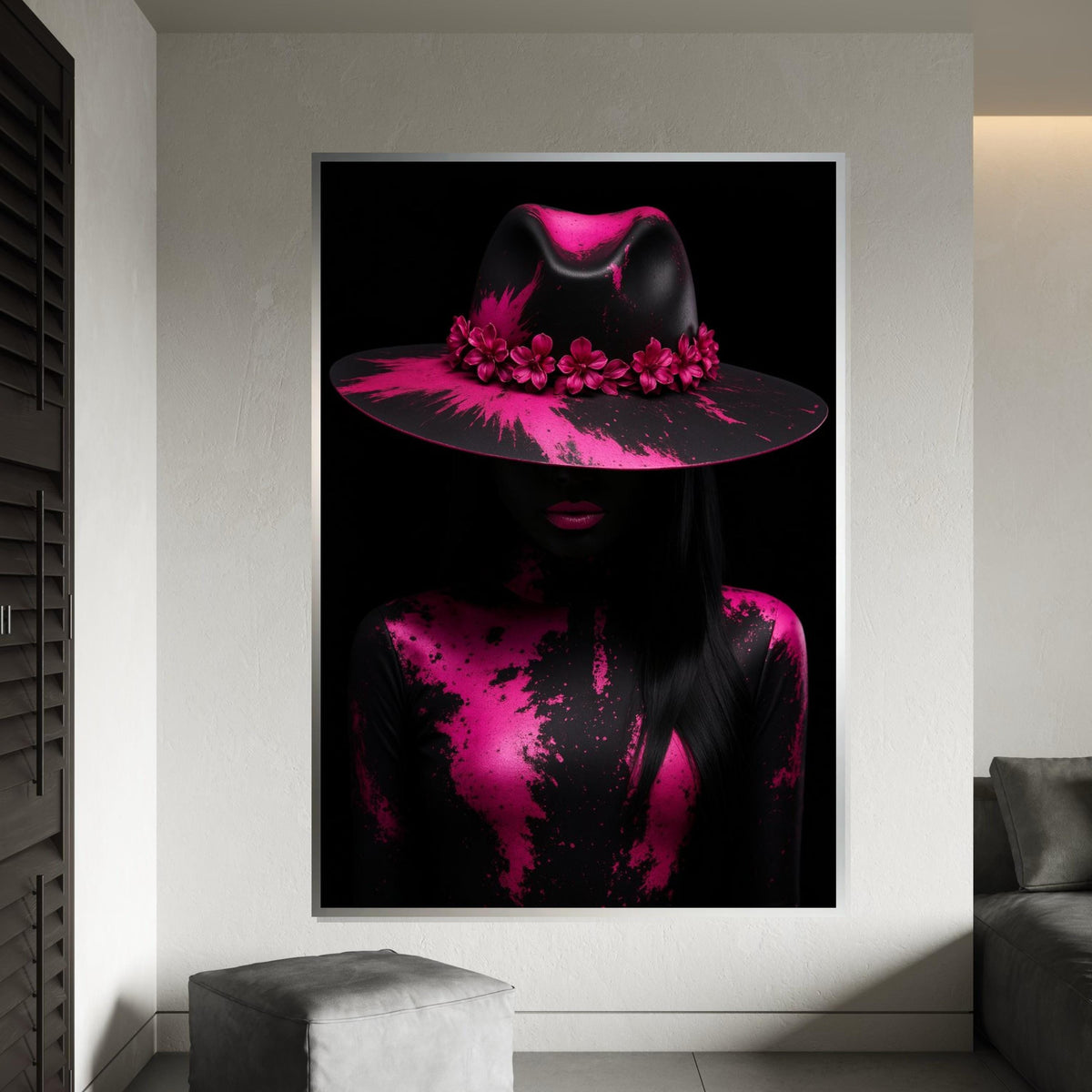 Pink Floral Hat Art, Abstract Canvas, Fashion Canvas Print, Wall Art Design, Ready to Hang, Modern Decor, Color Splash Canvas