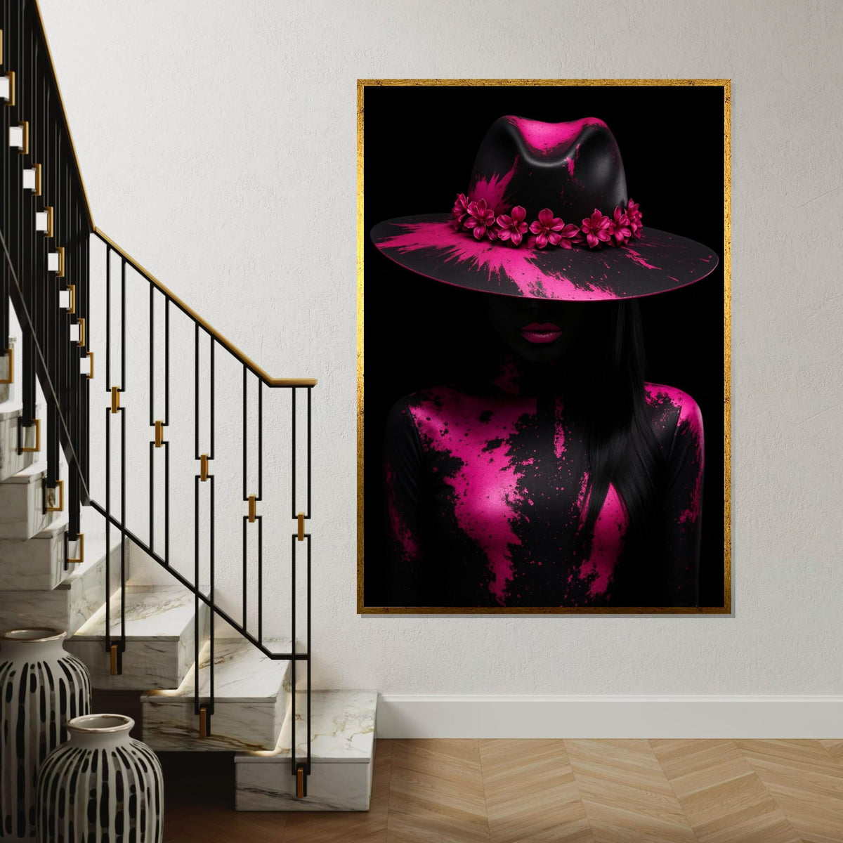 Pink Floral Hat Art, Abstract Canvas, Fashion Canvas Print, Wall Art Design, Ready to Hang, Modern Decor, Color Splash Canvas