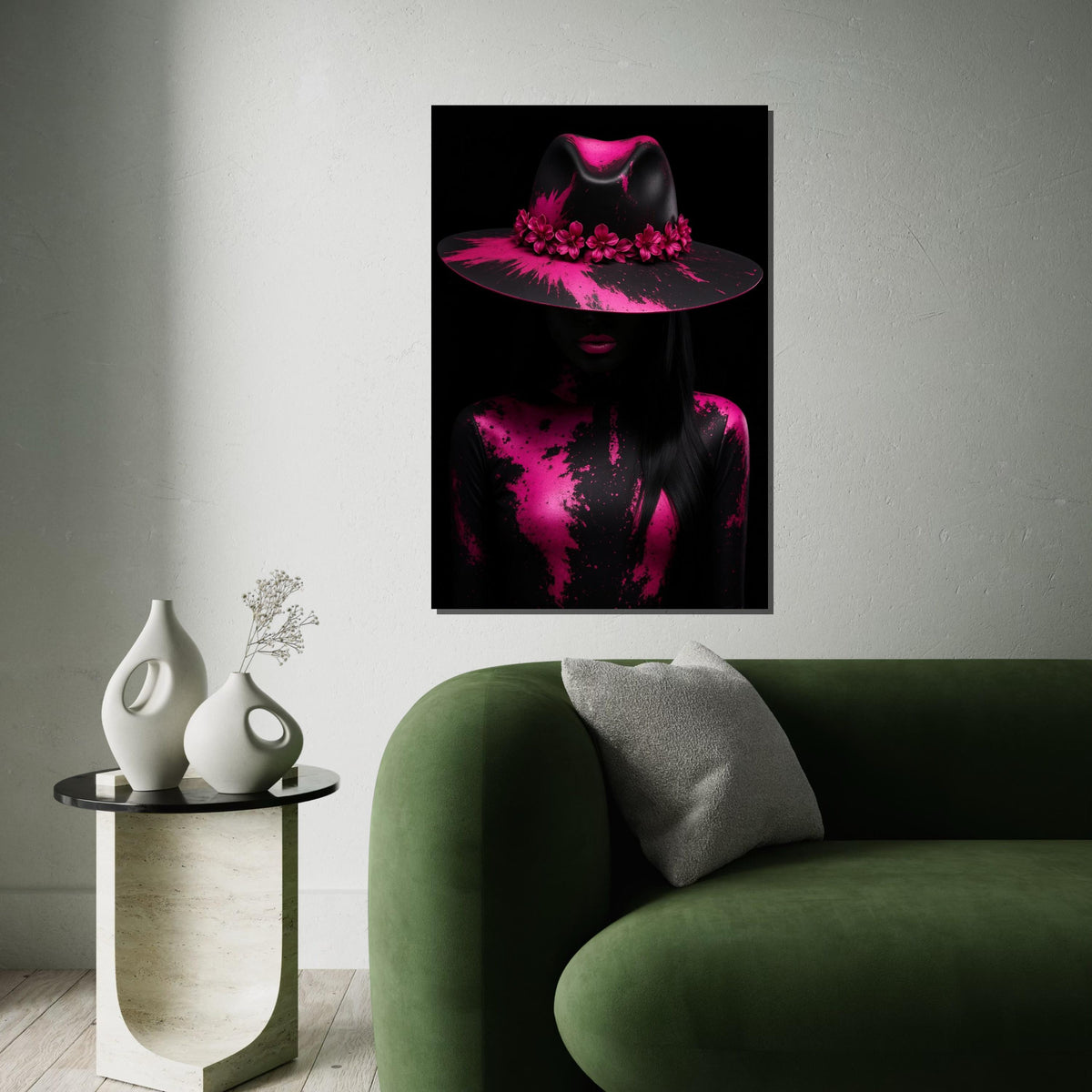 Pink Floral Hat Art, Abstract Canvas, Fashion Canvas Print, Wall Art Design, Ready to Hang, Modern Decor, Color Splash Canvas