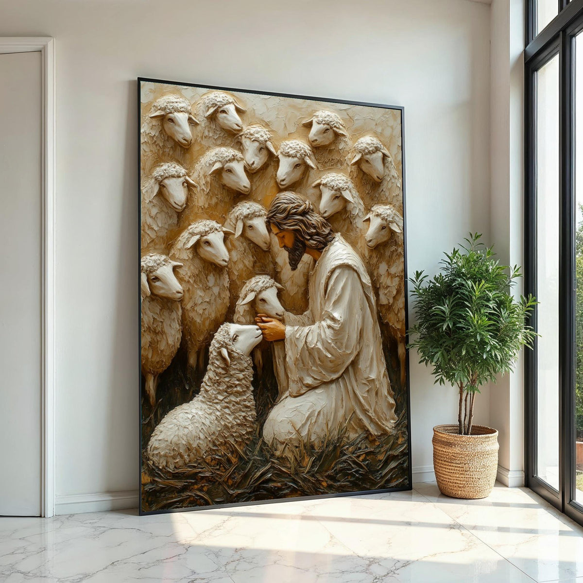 Shepherd with Sheep Canvas Art, Jesus with Lambs, Religious Wall Art, Inspirational Canvas Design, Framed and Ready to Hang Decoration