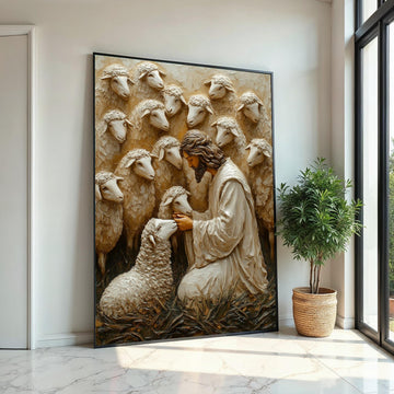Shepherd with Sheep Canvas Art, Jesus with Lambs, Religious Wall Art, Inspirational Canvas Design, Framed and Ready to Hang Decoration