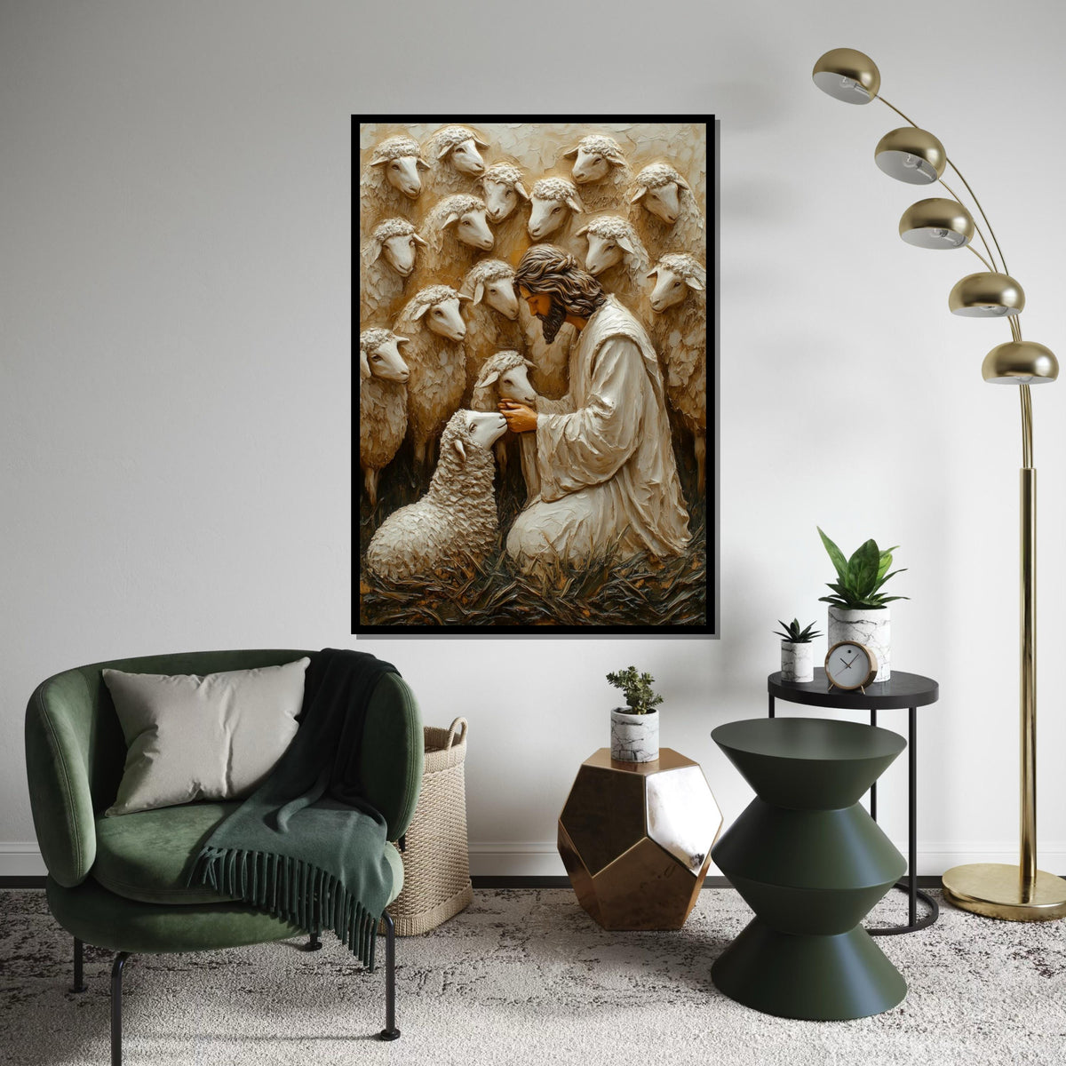 Shepherd with Sheep Canvas Art, Jesus with Lambs, Religious Wall Art, Inspirational Canvas Design, Framed and Ready to Hang Decoration