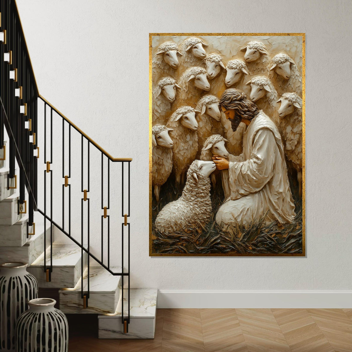 Shepherd with Sheep Canvas Art, Jesus with Lambs, Religious Wall Art, Inspirational Canvas Design, Framed and Ready to Hang Decoration