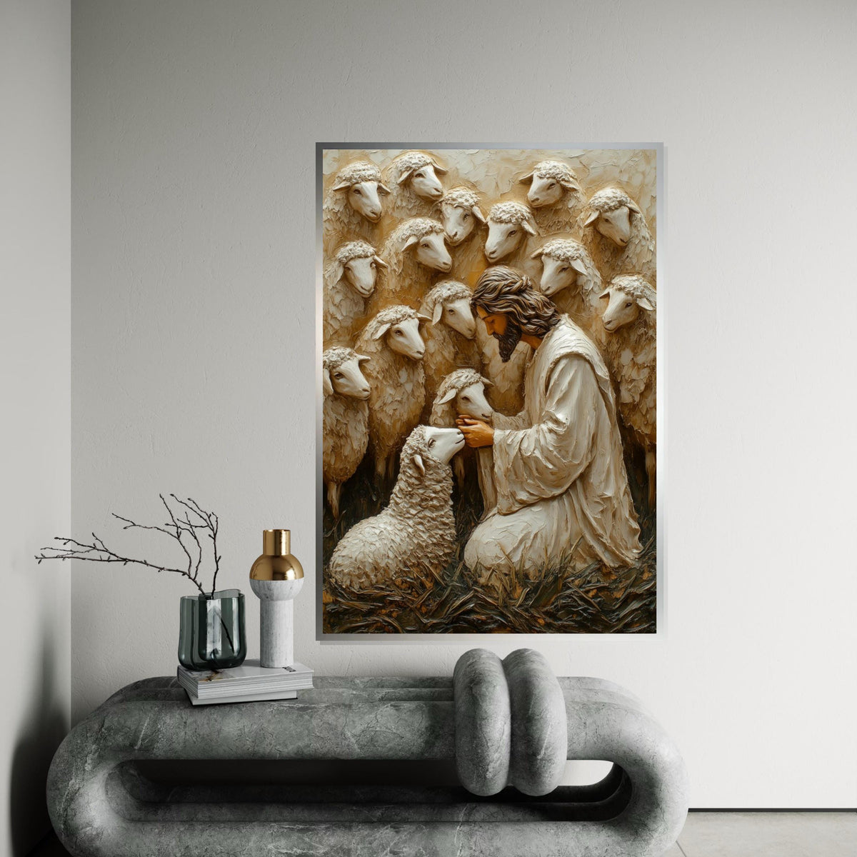 Shepherd with Sheep Canvas Art, Jesus with Lambs, Religious Wall Art, Inspirational Canvas Design, Framed and Ready to Hang Decoration
