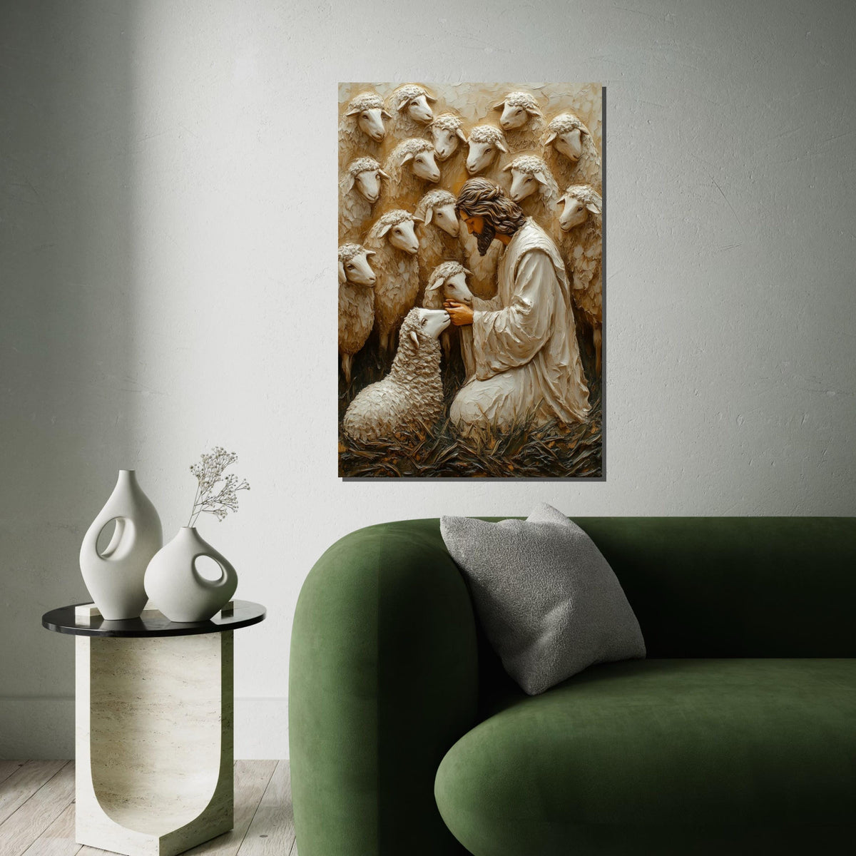 Shepherd with Sheep Canvas Art, Jesus with Lambs, Religious Wall Art, Inspirational Canvas Design, Framed and Ready to Hang Decoration