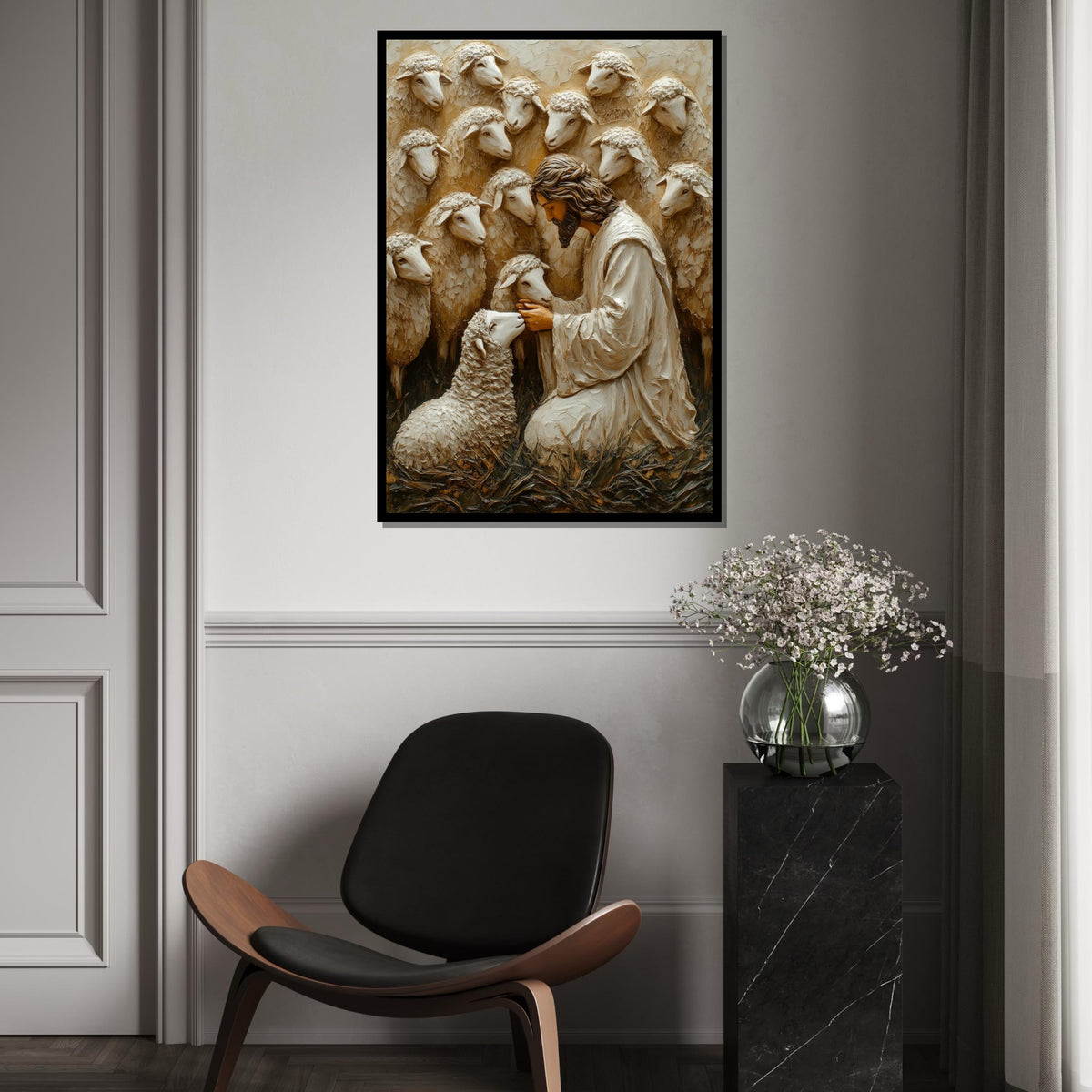 Shepherd with Sheep Canvas Art, Jesus with Lambs, Religious Wall Art, Inspirational Canvas Design, Framed and Ready to Hang Decoration