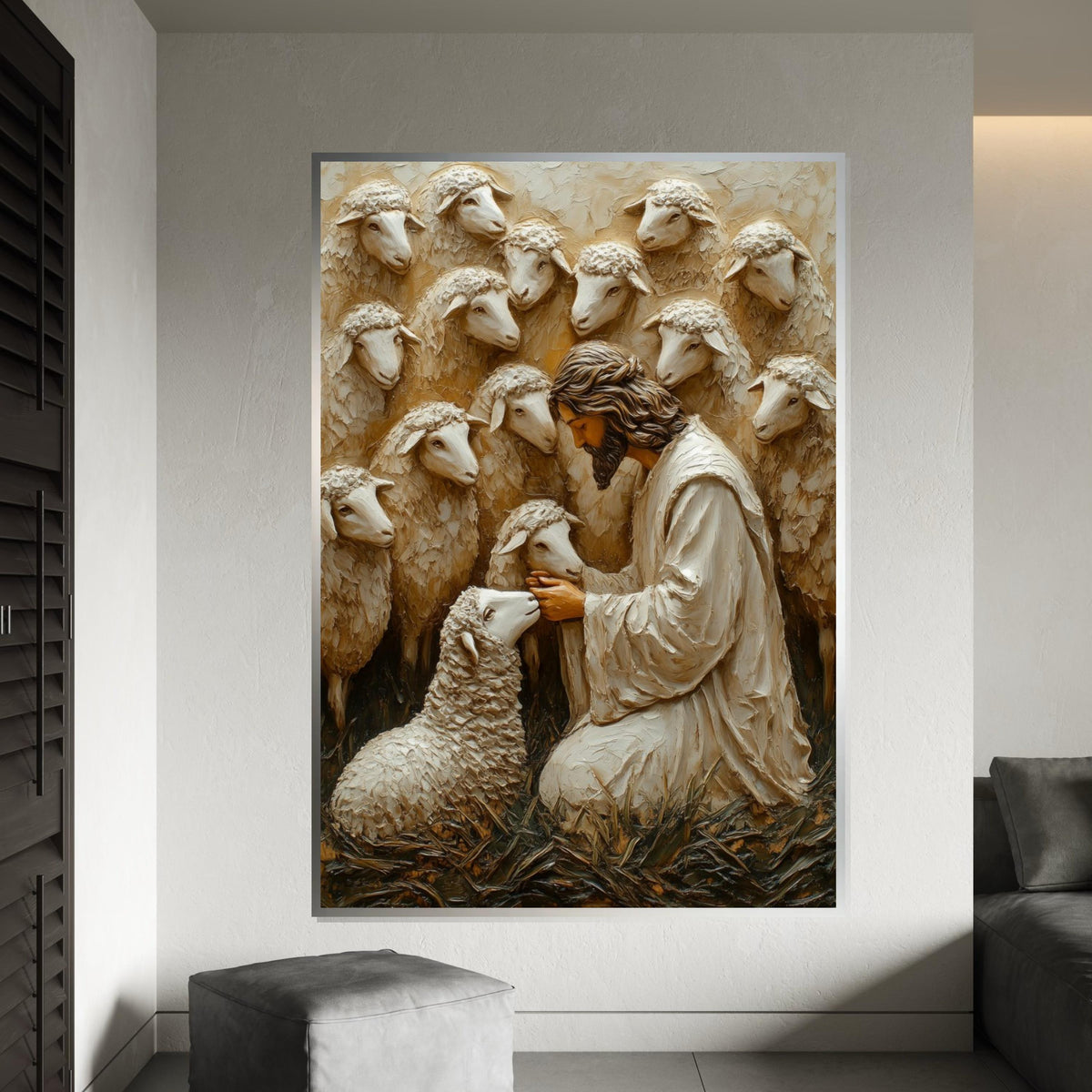Shepherd with Sheep Canvas Art, Jesus with Lambs, Religious Wall Art, Inspirational Canvas Design, Framed and Ready to Hang Decoration