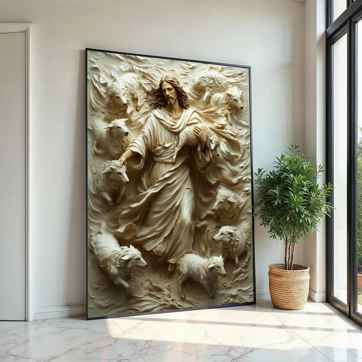 Shepherd Relief, Jesus with Sheep, Religious Wall Art, 3D Canvas Design, Spiritual Home Decor, Ready to Hang Decoration