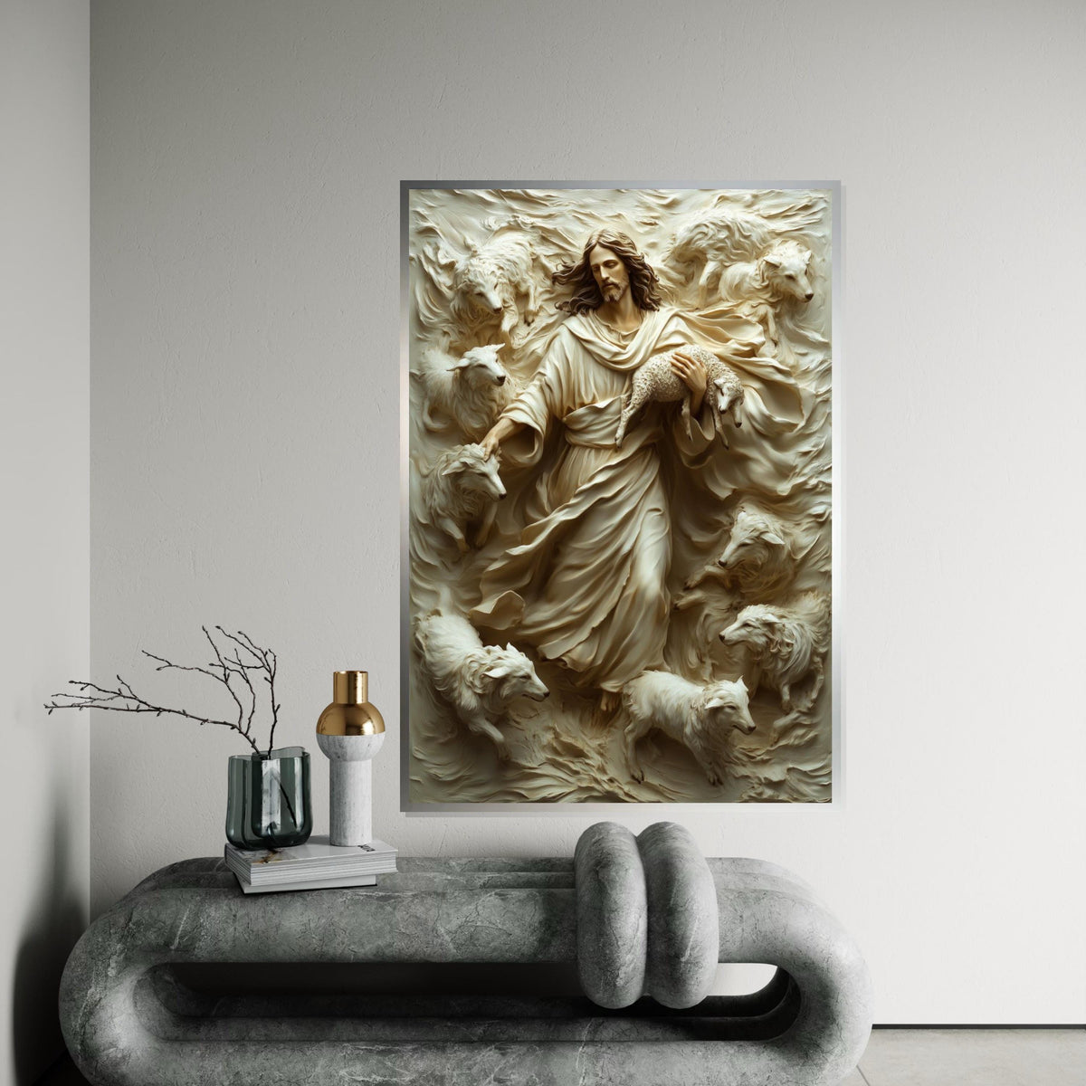 Shepherd Relief, Jesus with Sheep, Religious Wall Art, 3D Canvas Design, Spiritual Home Decor, Ready to Hang Decoration