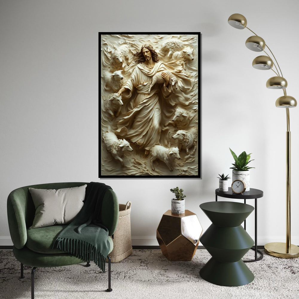 Shepherd Relief, Jesus with Sheep, Religious Wall Art, 3D Canvas Design, Spiritual Home Decor, Ready to Hang Decoration, Print Art