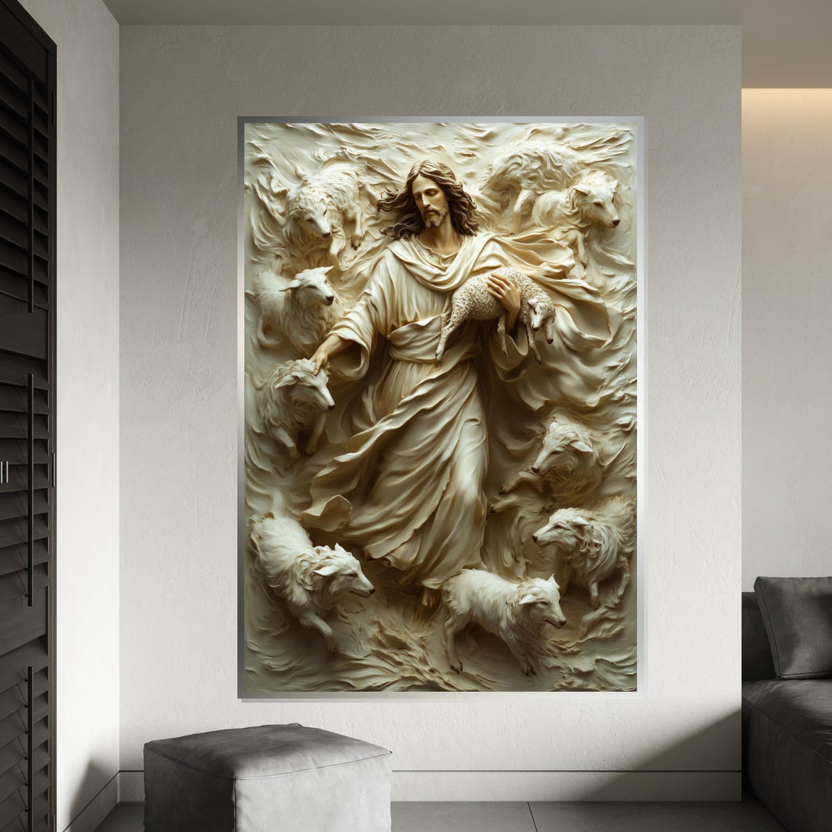 Shepherd Relief, Jesus with Sheep, Religious Wall Art, 3D Canvas Design, Spiritual Home Decor, Ready to Hang Decoration