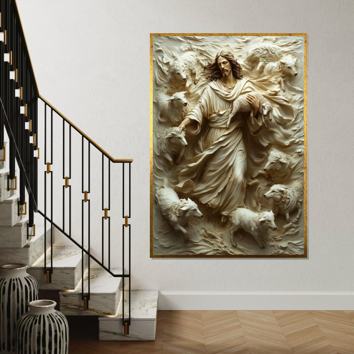 Shepherd Relief, Jesus with Sheep, Religious Wall Art, 3D Canvas Design, Spiritual Home Decor, Ready to Hang Decoration
