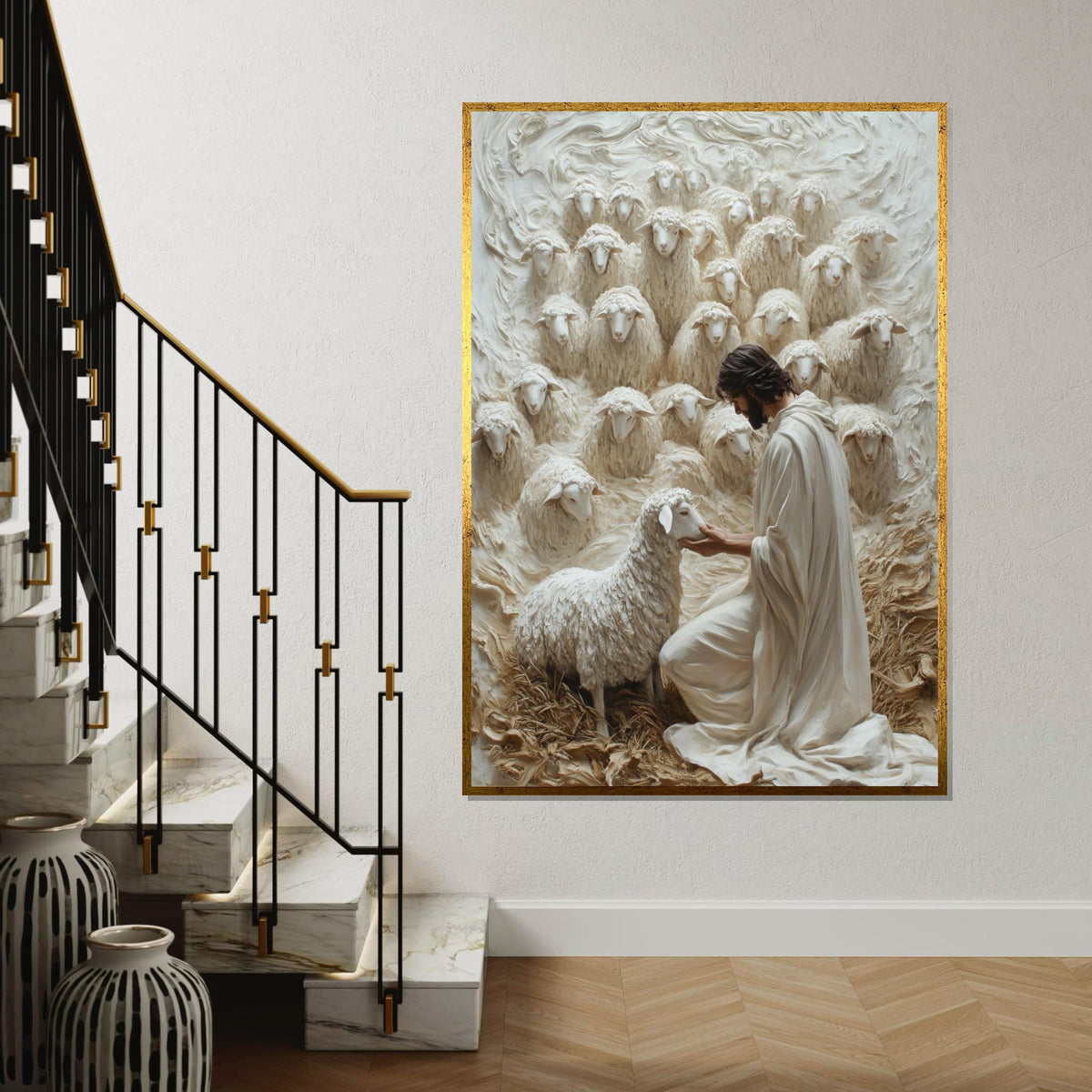 Shepherd Canvas Wall Art, Lamb and Shepherd Print, Spiritual Wall Art, Inspirational Canvas Design, Ready To Hang Decoration