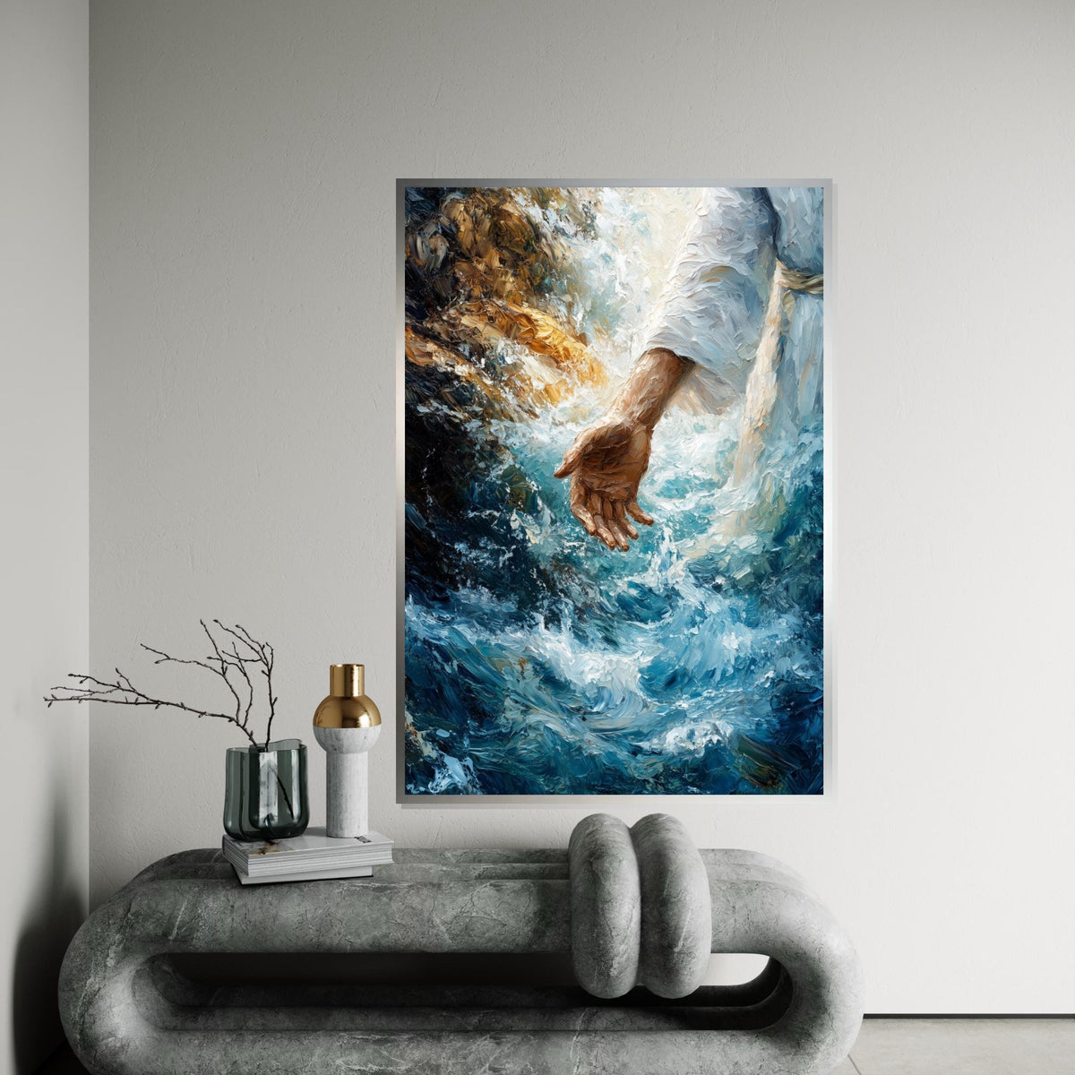 Divine Hand Painting, Spiritual Canvas Art, Jesus Walking on Water, Inspirational Wall Art, Canvas Design, Ready to Hang Decor