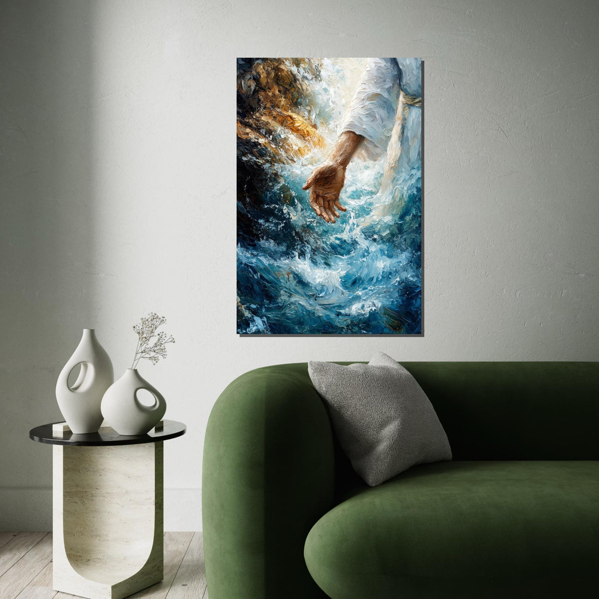 Divine Hand Painting, Spiritual Canvas Art, Jesus Walking on Water, Inspirational Wall Art, Canvas Design, Ready to Hang Decor