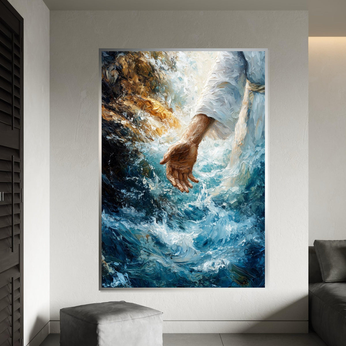Divine Hand Painting, Spiritual Canvas Art, Jesus Walking on Water, Inspirational Wall Art, Canvas Design, Ready to Hang Decor