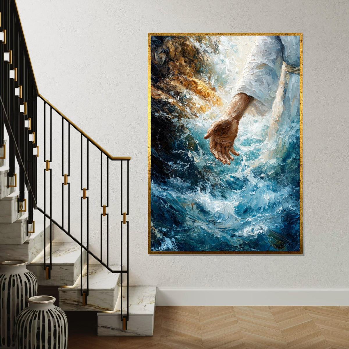 Divine Hand Painting, Spiritual Canvas Art, Jesus Walking on Water, Inspirational Wall Art, Canvas Design, Ready to Hang Decor