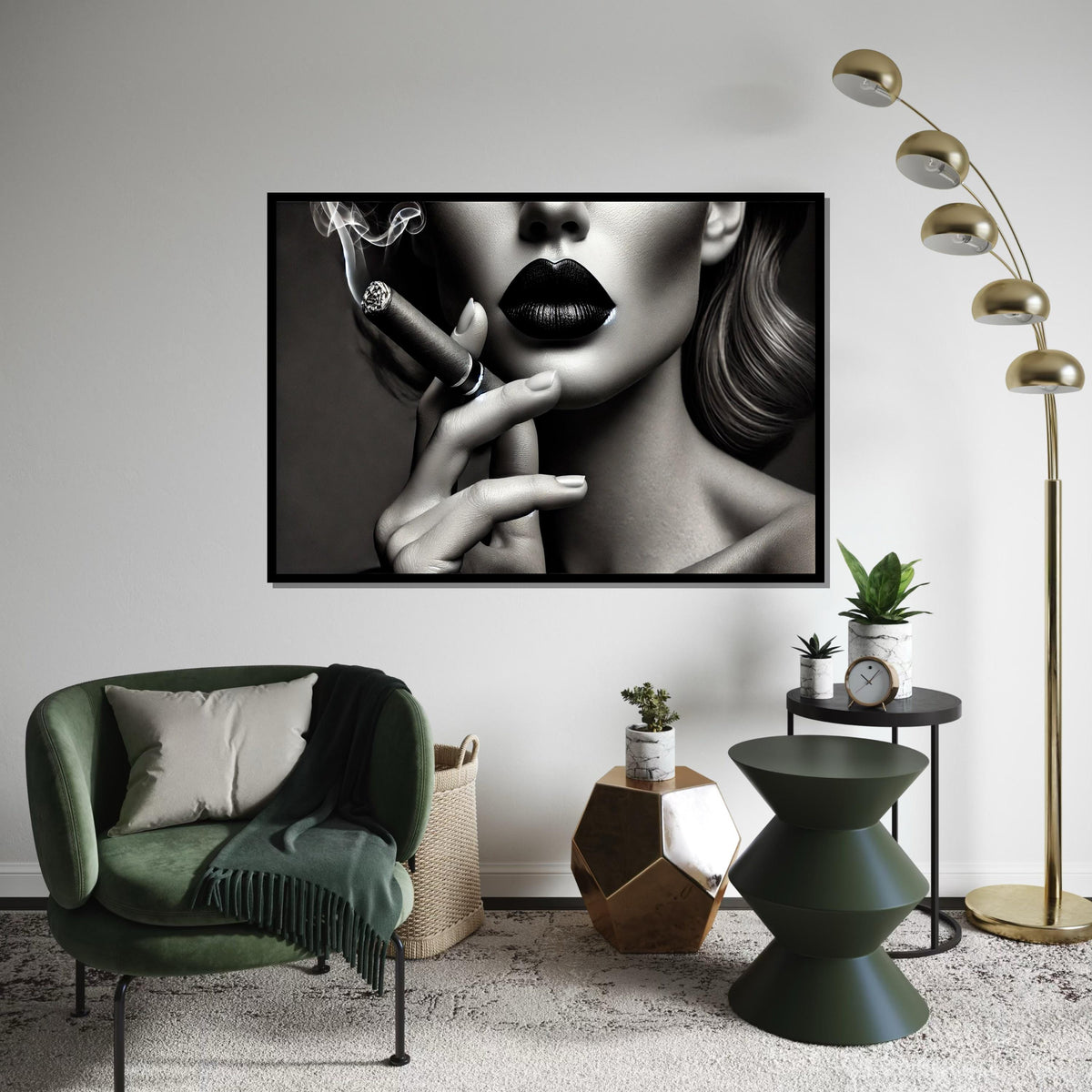 Chic Noir Canvas, Woman with Cigar Wall Art, Black Lips Portrait, Elegant Smoking Art, Wall Art Canvas Design, Ready to Hang Decoration