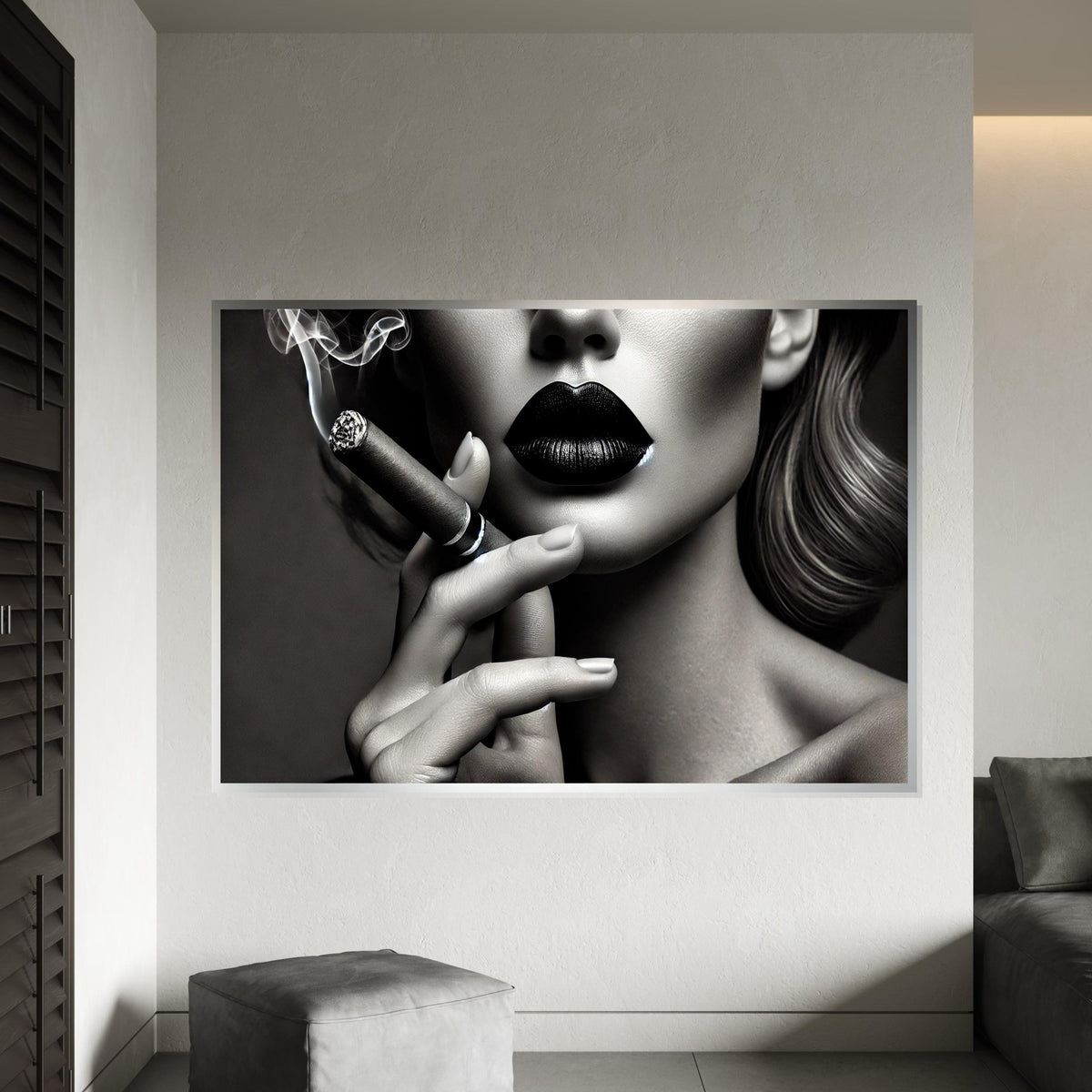 Chic Noir Canvas, Woman with Cigar Wall Art, Black Lips Portrait, Elegant Smoking Art, Wall Art Canvas Design, Ready to Hang Decoration