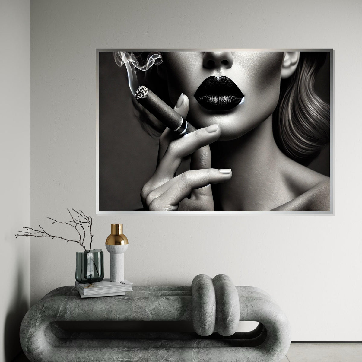 Chic Noir Canvas, Woman with Cigar Wall Art, Black Lips Portrait, Elegant Smoking Art, Wall Art Canvas Design, Ready to Hang Decoration