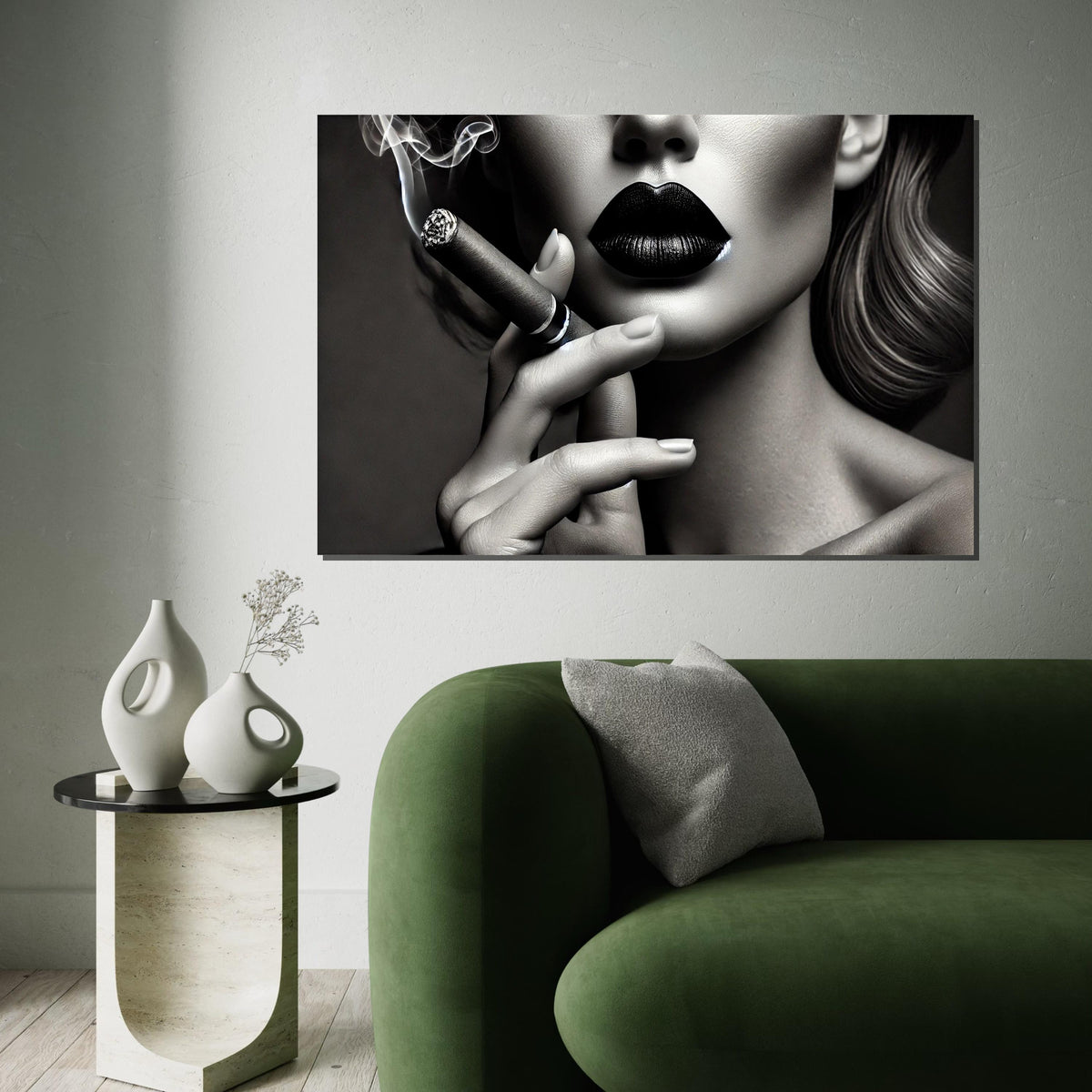Chic Noir Canvas, Woman with Cigar Wall Art, Black Lips Portrait, Elegant Smoking Art, Wall Art Canvas Design, Ready to Hang Decoration