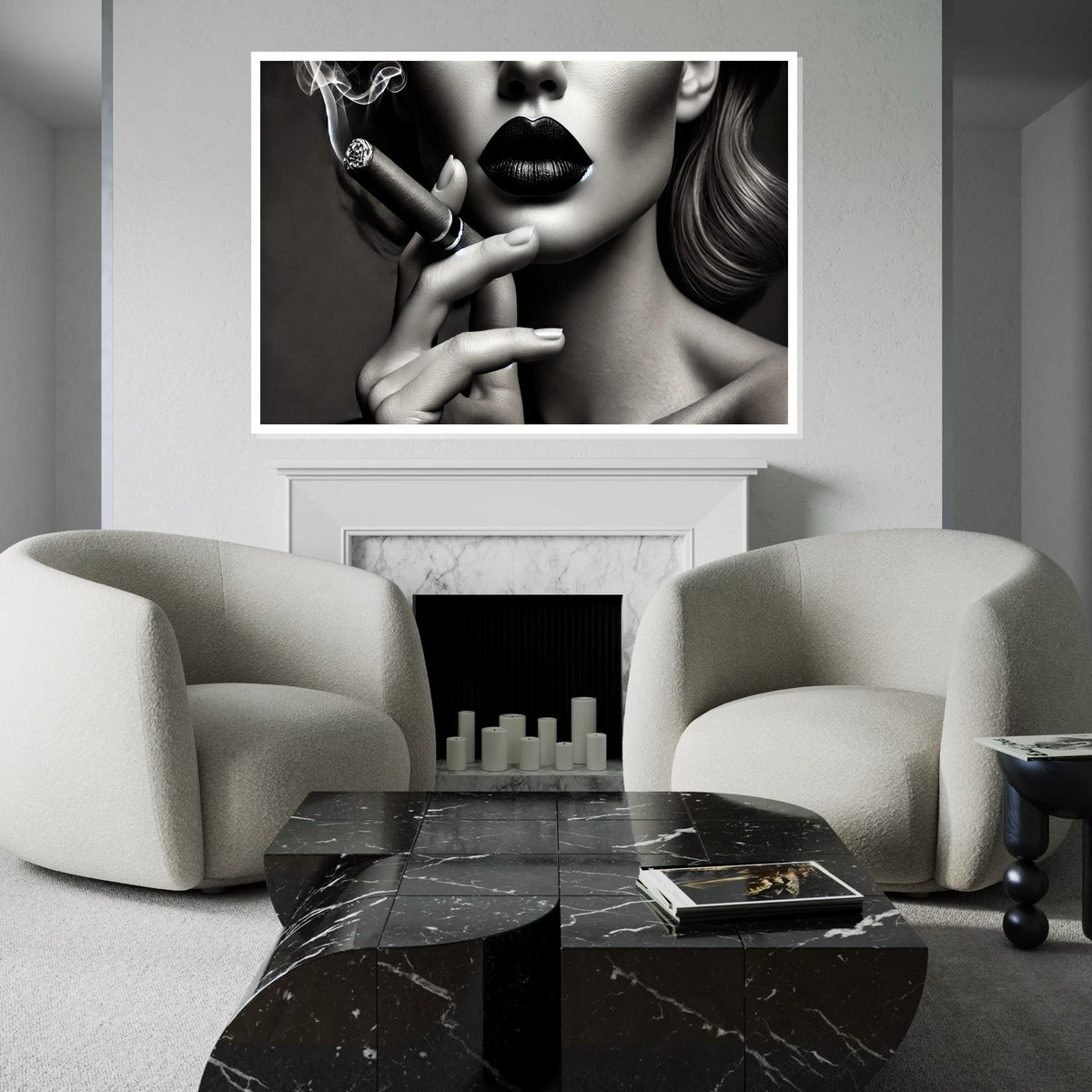 Chic Noir Canvas, Woman with Cigar Wall Art, Black Lips Portrait, Elegant Smoking Art, Wall Art Canvas Design, Ready to Hang Decoration