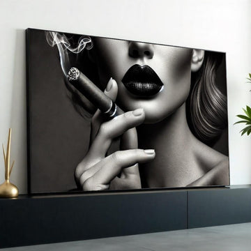Chic Noir Canvas, Woman with Cigar Wall Art, Black Lips Portrait, Elegant Smoking Art, Wall Art Canvas Design, Ready to Hang Decoration