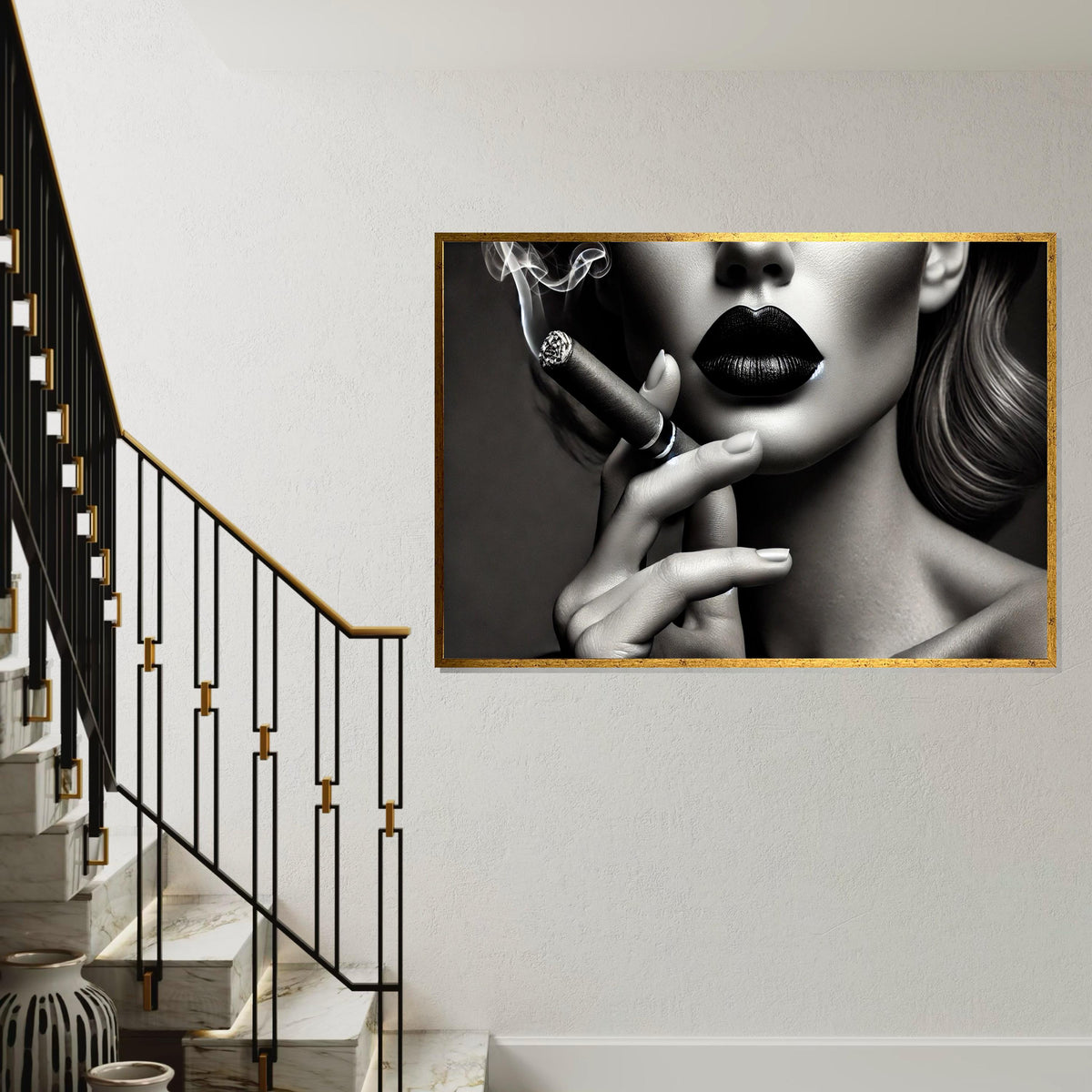 Chic Noir Canvas, Woman with Cigar Wall Art, Black Lips Portrait, Elegant Smoking Art, Wall Art Canvas Design, Ready to Hang Decoration