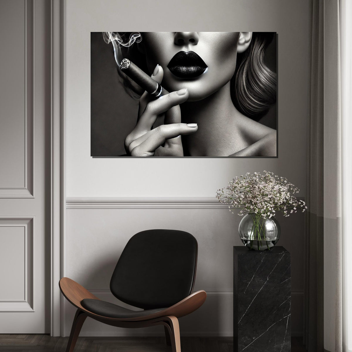 Chic Noir Canvas, Woman with Cigar Wall Art, Black Lips Portrait, Elegant Smoking Art, Wall Art Canvas Design, Ready to Hang Decoration