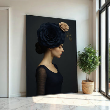 Portrait Elegance, Floral Headpiece Canvas, Woman with Rose Headdress, Art Canvas Design, Ready to Hang, Elegant Wall Decoration