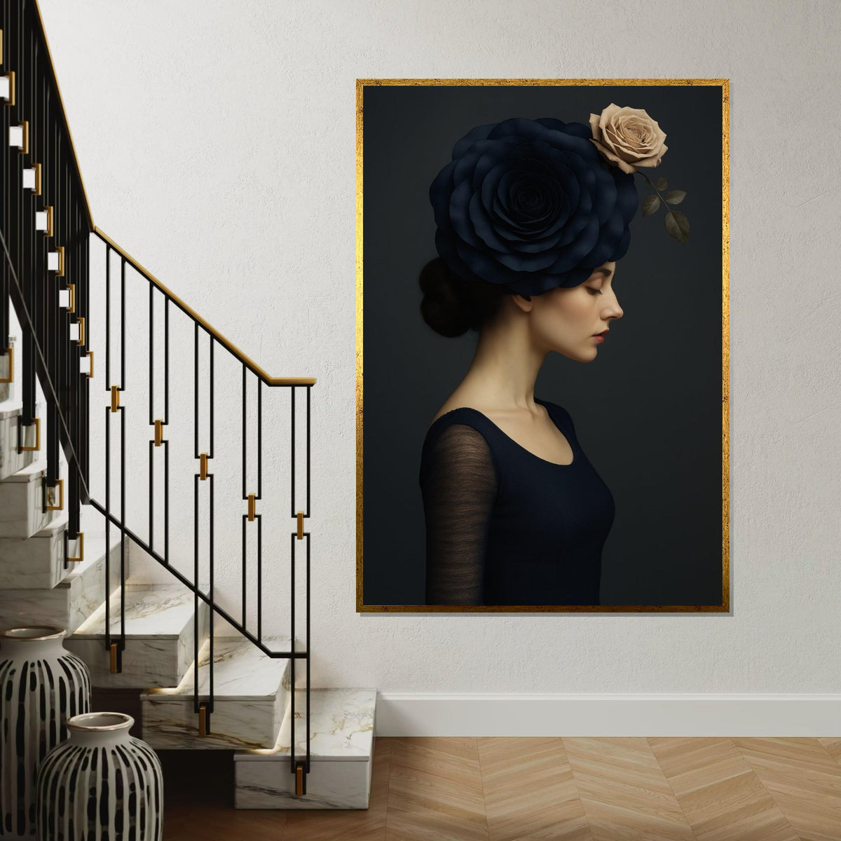 Portrait Elegance, Floral Headpiece Canvas, Woman with Rose Headdress, Art Canvas Design, Ready to Hang, Elegant Wall Decoration