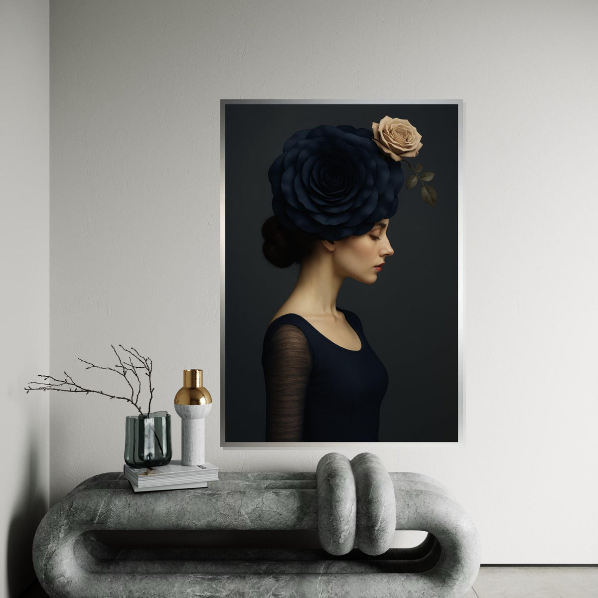 Portrait Elegance, Floral Headpiece Canvas, Woman with Rose Headdress, Art Canvas Design, Ready to Hang, Elegant Wall Decoration