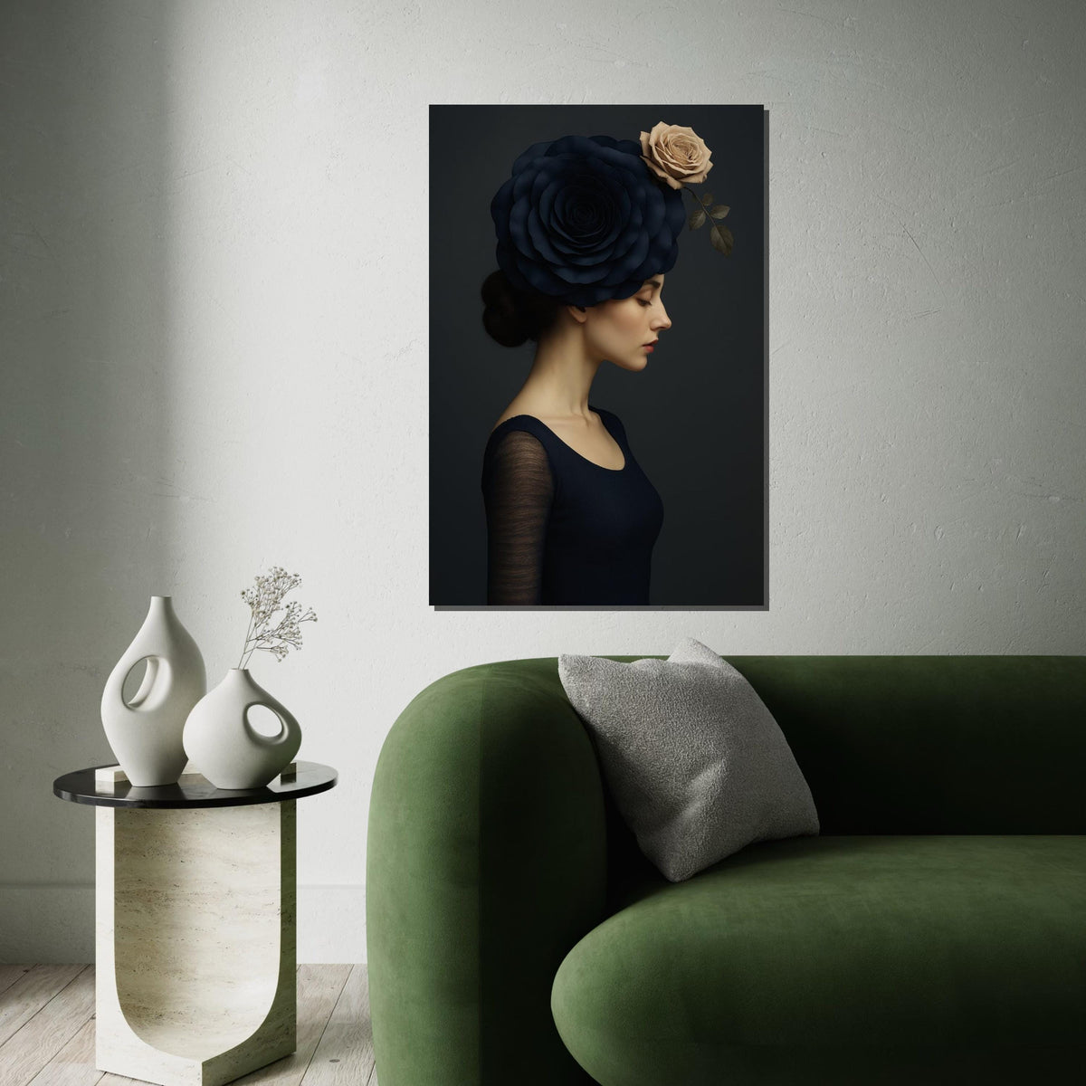 Portrait Elegance, Floral Headpiece Canvas, Woman with Rose Headdress, Art Canvas Design, Ready to Hang, Elegant Wall Decoration