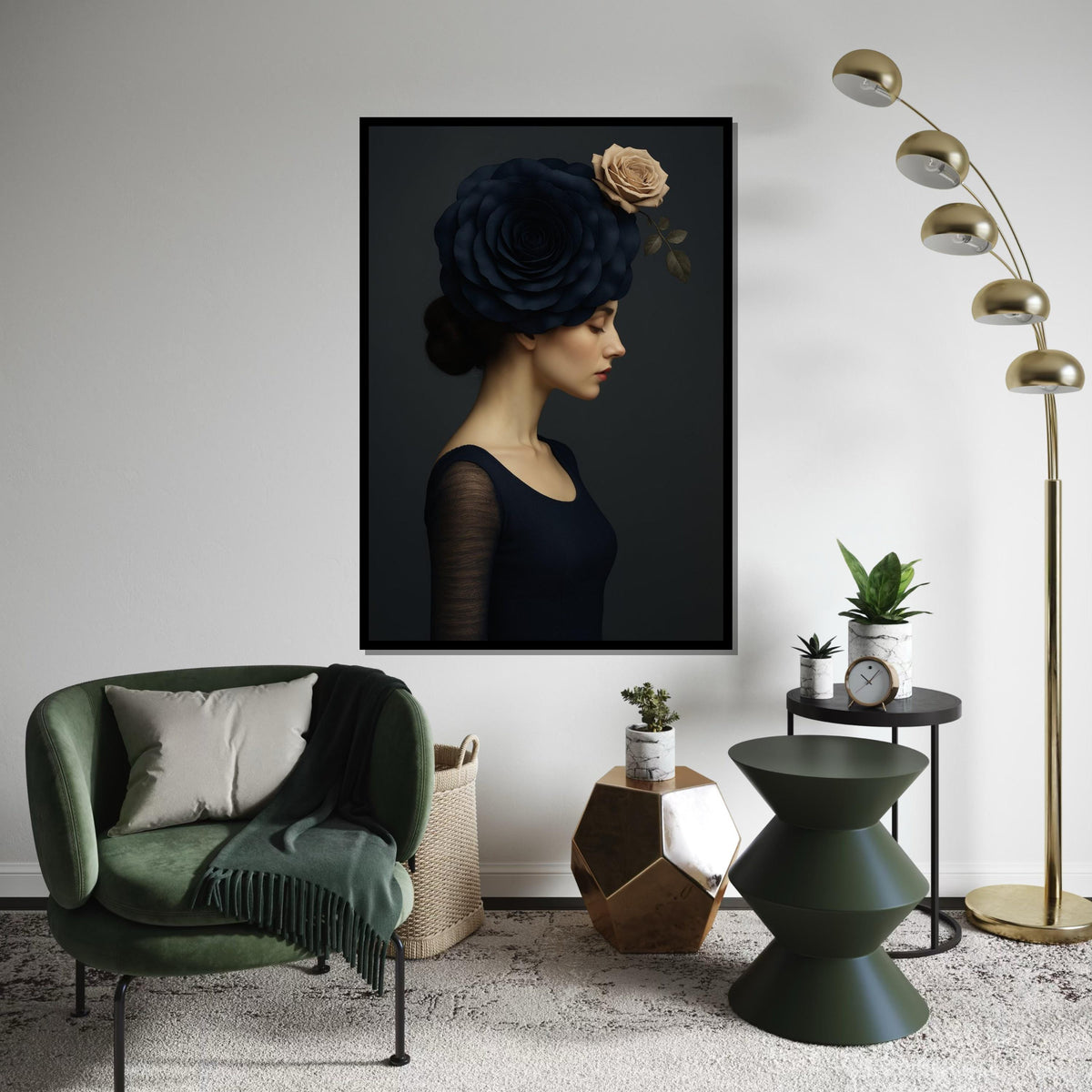 Portrait Elegance, Floral Headpiece Canvas, Woman with Rose Headdress, Art Canvas Design, Ready to Hang, Elegant Wall Decoration