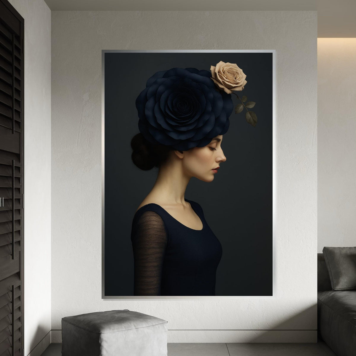 Portrait Elegance, Floral Headpiece Canvas, Woman with Rose Headdress, Art Canvas Design, Ready to Hang, Elegant Wall Decoration