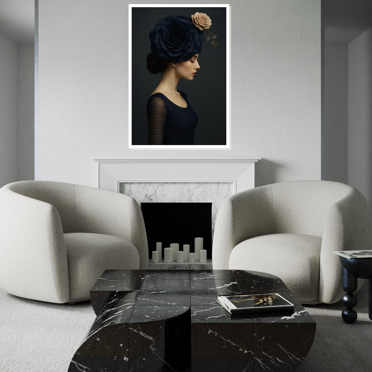 Portrait Elegance, Floral Headpiece Canvas, Woman with Rose Headdress, Art Canvas Design, Ready to Hang, Elegant Wall Decoration