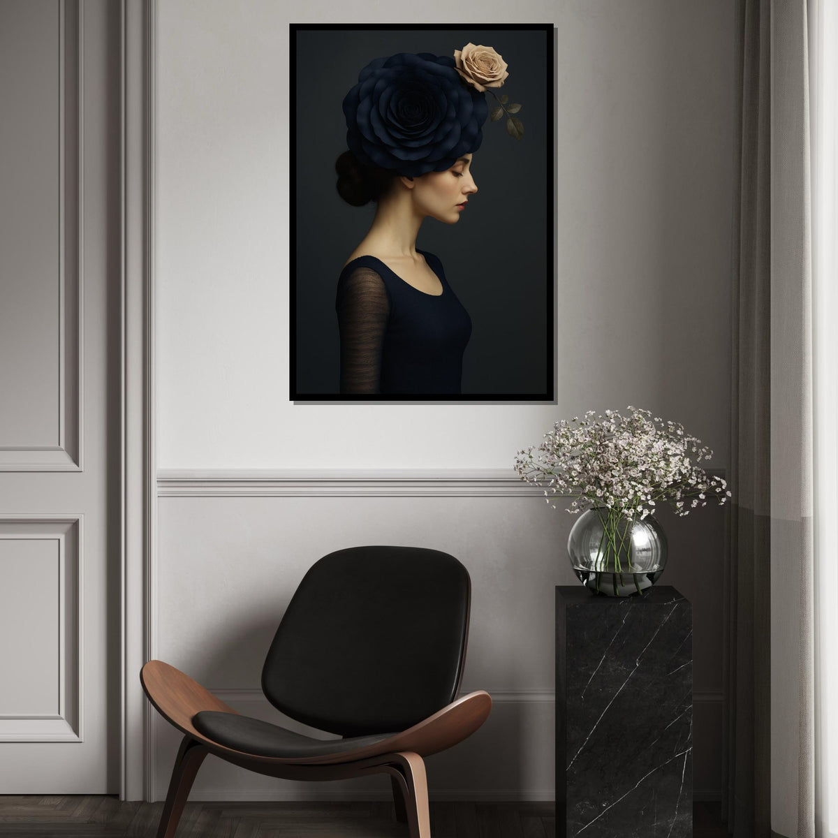 Portrait Elegance, Floral Headpiece Canvas, Woman with Rose Headdress, Art Canvas Design, Ready to Hang, Elegant Wall Decoration