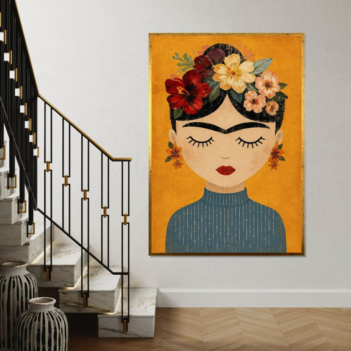 Floral Portrait Canvas, Woman with Flowers Wall Art, Vintage Style Canvas, Artistic Wall Decoration, Ready to Hang Design