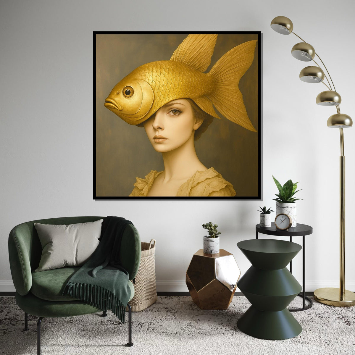 Golden Fish Lady Canvas, Surreal Portrait, Fish Head Art, Elegant Wall Art Canvas Design, Ready To Hang Home Decor, Artistic Canvas Print