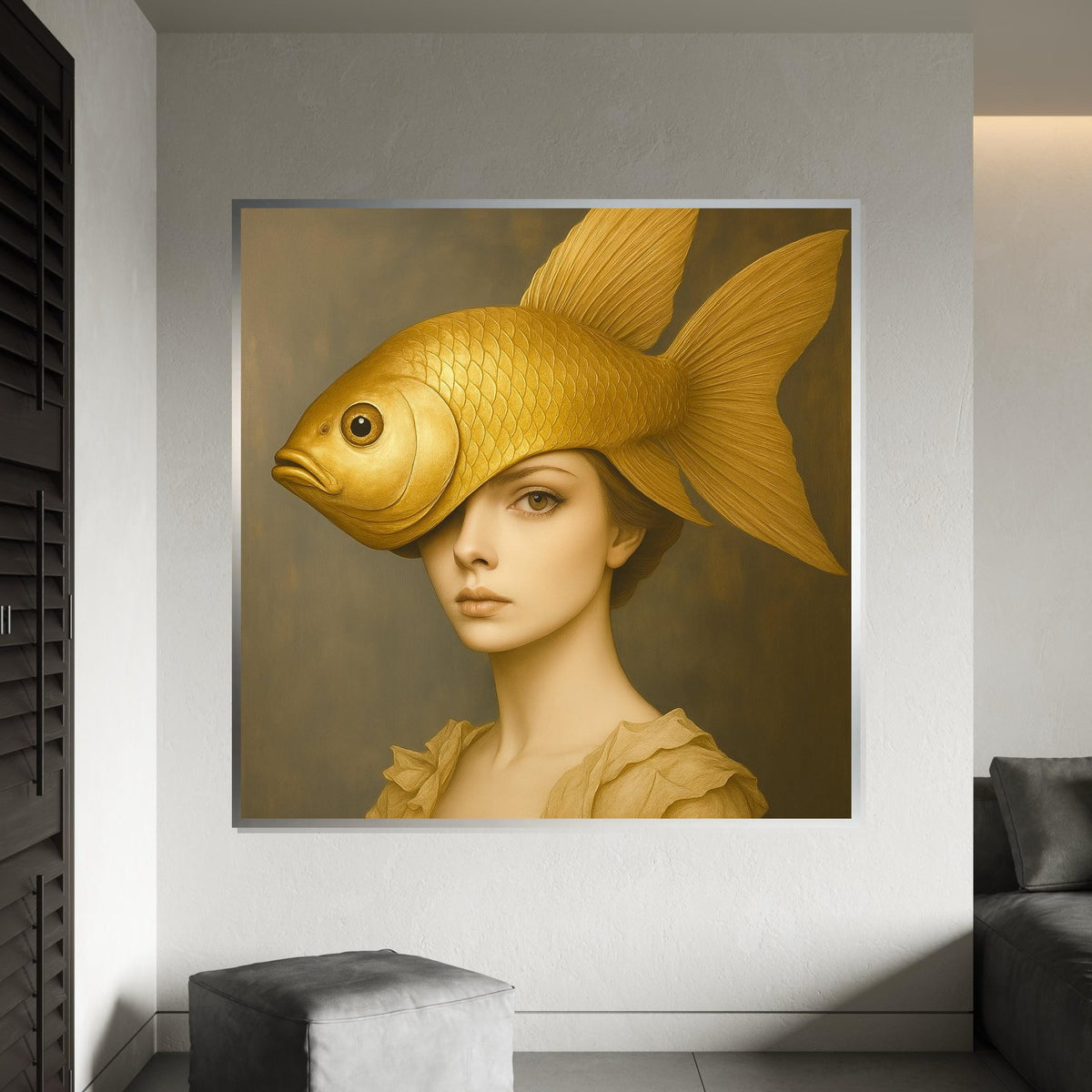 Golden Fish Lady Canvas, Surreal Portrait, Fish Head Art, Elegant Wall Art Canvas Design, Ready To Hang Home Decor, Artistic Canvas Print