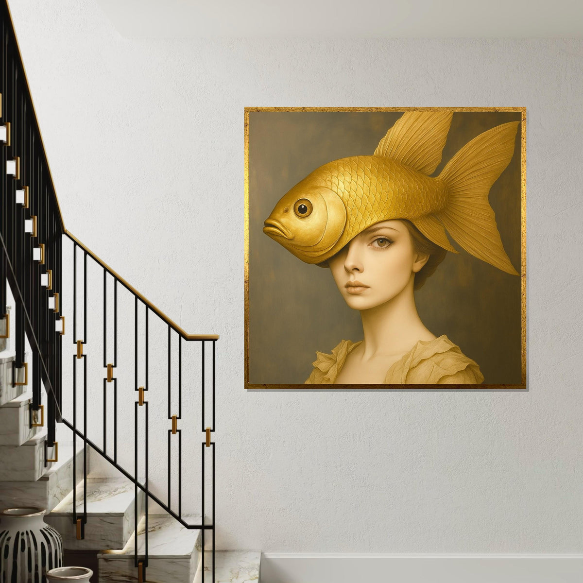 Golden Fish Lady Canvas, Surreal Portrait, Fish Head Art, Elegant Wall Art Canvas Design, Ready To Hang Home Decor, Artistic Canvas Print