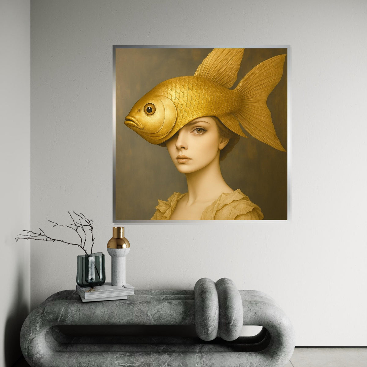 Golden Fish Lady Canvas, Surreal Portrait, Fish Head Art, Elegant Wall Art Canvas Design, Ready To Hang Home Decor, Artistic Canvas Print