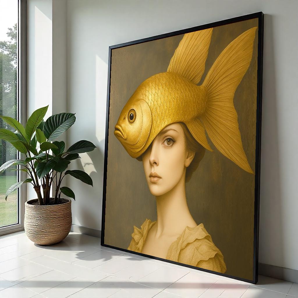 Golden Fish Lady Canvas, Surreal Portrait, Fish Head Art, Elegant Wall Art Canvas Design, Ready To Hang Home Decor, Artistic Canvas Print